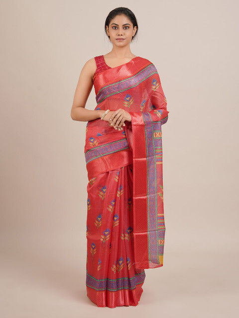 

Pothys Red & Blue Jute Silk Woven Design Saree