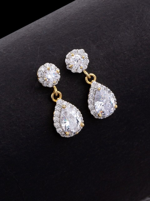 

Studio Voylla Gold-Plated & White CZ Studded Teardrop Shaped Drop Earrings