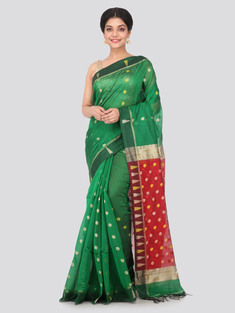 

PinkLoom Green Cotton Blend Woven Design Handloom Sustainable Saree