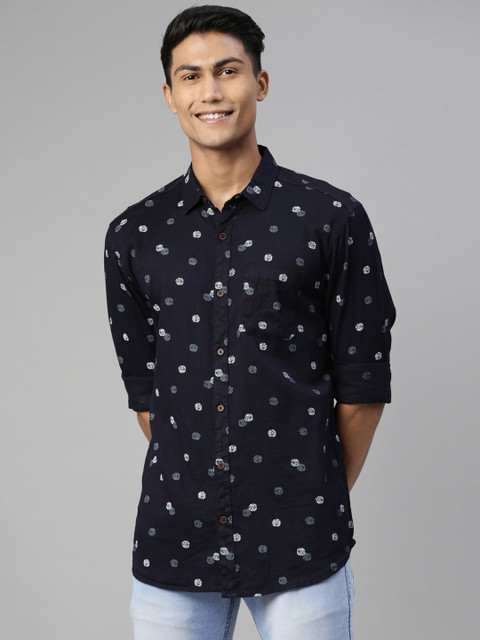 

William White Men Navy Blue Slim Fit Printed Casual Shirt