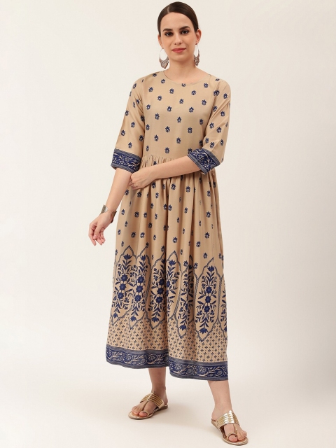 

Rustorange Women Beige & Navy Blue Ethnic Motifs Print A-Line Dress