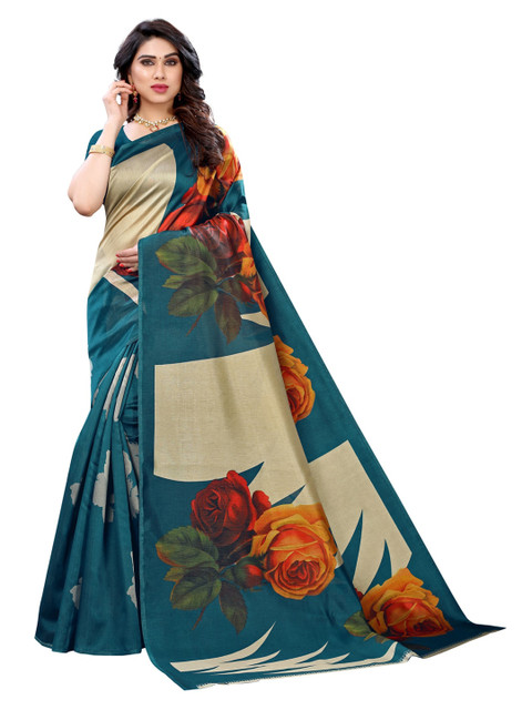 

KALINI Blue Floral Printed Poly Silk Saree