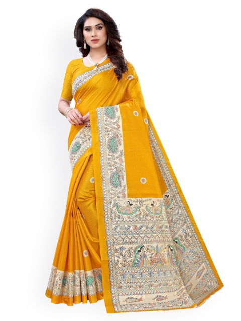 

KALINI Yellow & Beige Polycotton Printed Khadi Saree