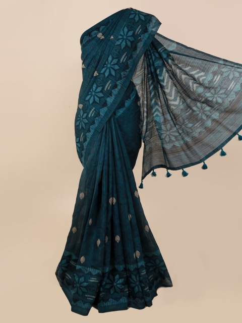 

Pothys Blue Printed Jute Cotton Saree With Tasseled Pallu