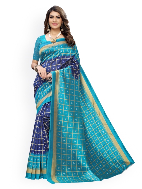 

KALINI Blue & Gold-Toned Poly Silk Checked Bandhani Saree