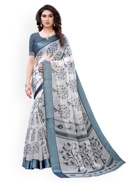 

KALINI Grey & White Polycotton Printed Saree
