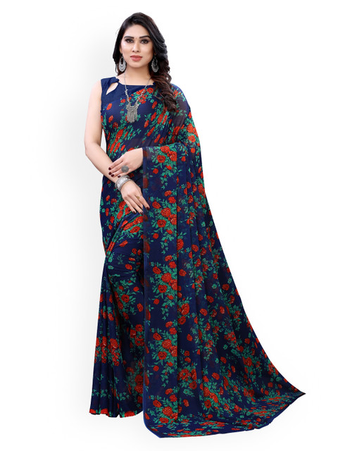 

KALINI Navy Blue & Red Pure Chiffon Printed Saree