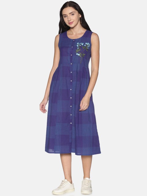 

Saffron Threads Women Blue Checked A-Line Cotton Dress