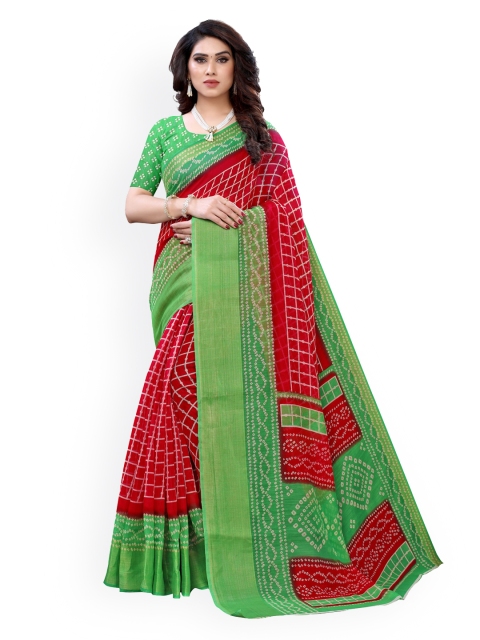 

KALINI Red & Green Polycotton Checked Bandhani Saree
