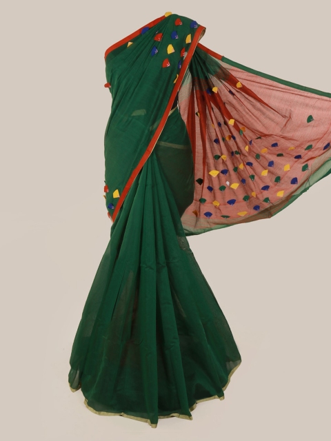 

Pothys Green Solid Cotton Applique Detailed Blend Saree