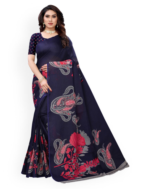 

KALINI Navy Blue & Pink Jute Cotton Printed Saree
