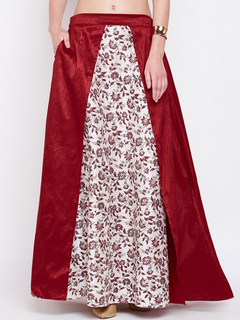 

studio rasa Women Maroon & White Floral Hand Block Printed Flared Maxi Skirt
