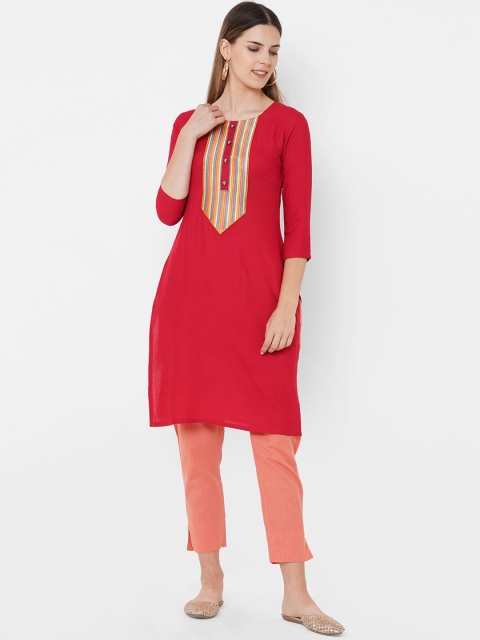 

FASHOR Women Red & Blue Striped Yoke Design Thread Work Kurta