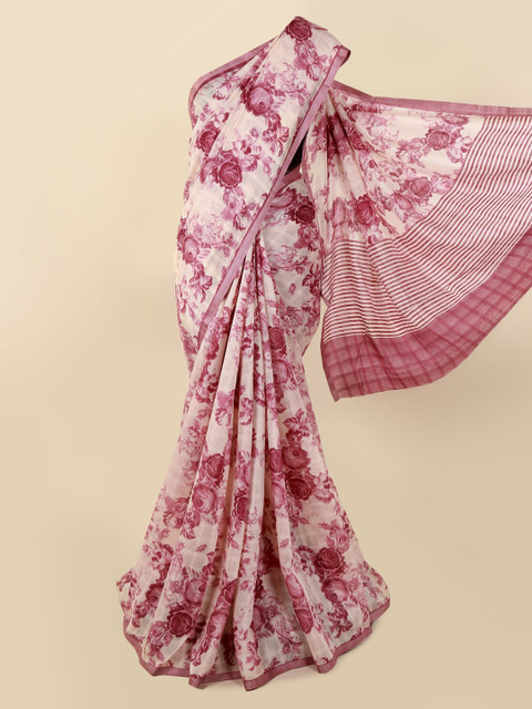 

Pothys Cream-Coloured & Pink Jute Cotton Floral Printed Saree