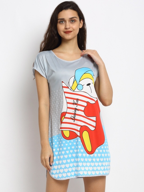 

NEUDIS Women Grey & Blue Cotton Printed Nightdress