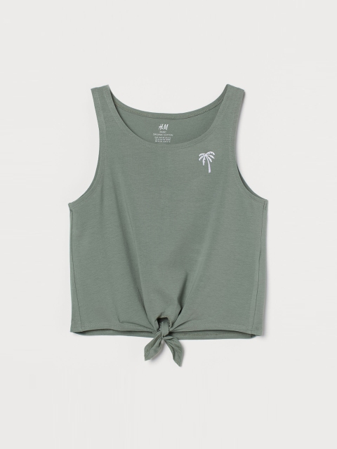 

H&M Girls Green Solid Knot-Detail Jersey Top