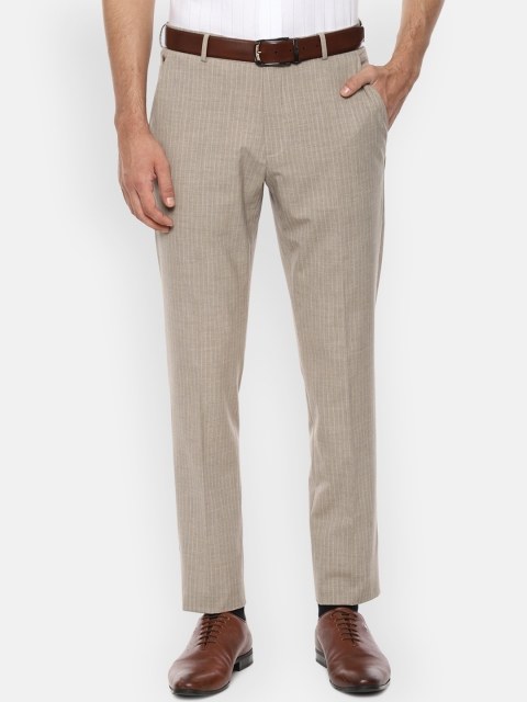 Louis Philippe Men Beige Striped Slim Fit Formal Trousers