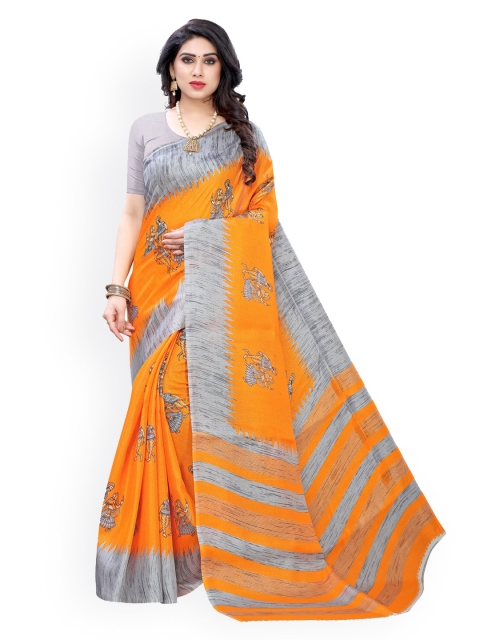 

KALINI Orange Printed Khadi Saree