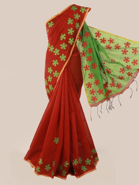 Pothys Red & Green Cotton Blend Embellished Saree