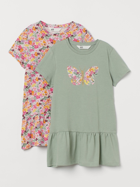 

H&M Girls Printed 2-Pack Jersey Dresses, Green