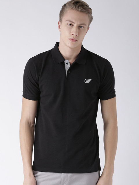 

GRIFFEL Men Black Solid Polo Collar Cotton T-shirt
