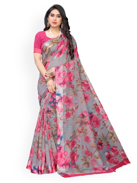 

KALINI Grey & Pink Cotton Blend Printed Saree