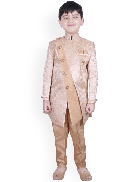 

SG YUVRAJ Boys Gold-Coloured & Beige Tassar Brocade Silk Sherwani Set
