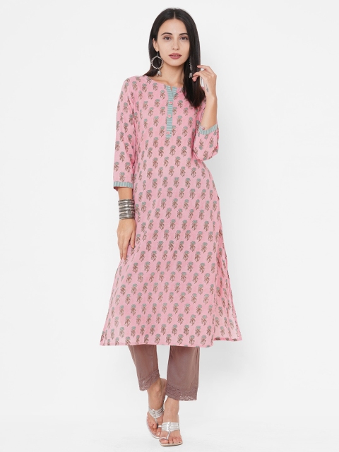 

FASHOR Women Pink & Blue Ethnic Motifs Cotton Printed Kurta