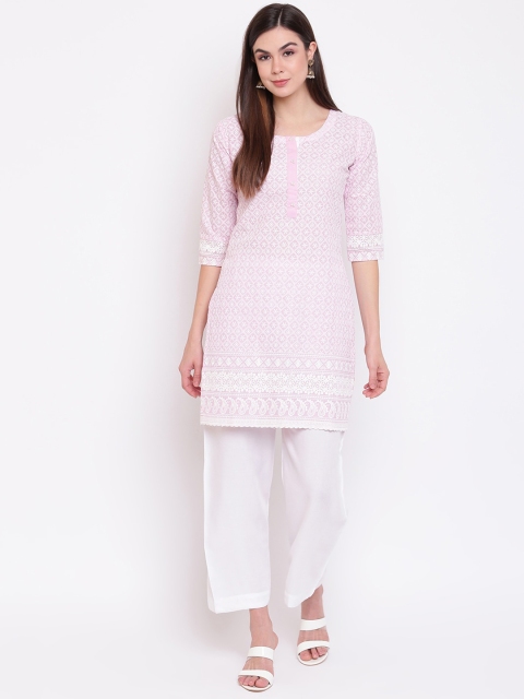 

Ashnaina Women Pink & White Embroidered Kurta with Trousers