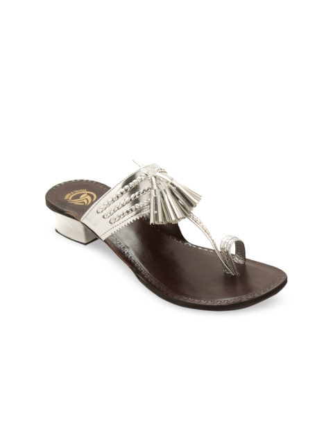 

TRENDS & TRADES Women Silver-Toned Embellished Leather Block Heels