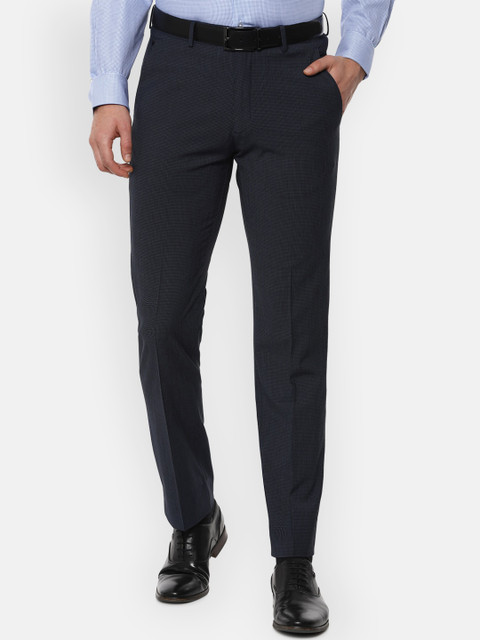 

Louis Philippe Men Navy Blue Regular Fit Checked Formal Trousers