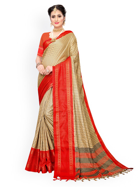 

KALINI Beige & Red Silk Blend Checked Kanjeevaram Saree
