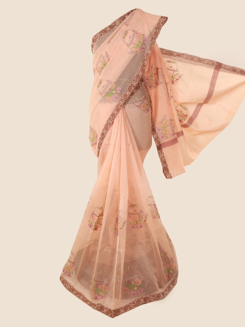 

Pothys Peach-Coloured Embroidered Supernet Saree