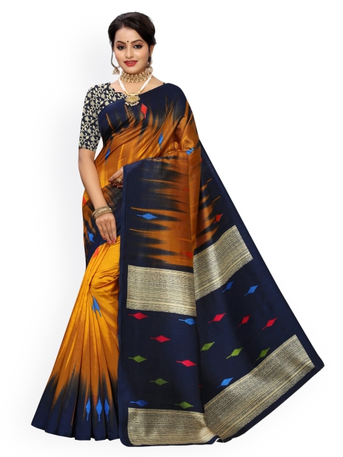 

KALINI Navy Blue & Orange Poly Silk Printed Banarasi Saree