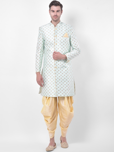

DEYANN PLUS Men Blue & Gold-Coloured Woven-Design Jacquard & Dupion Silk Sherwani Set