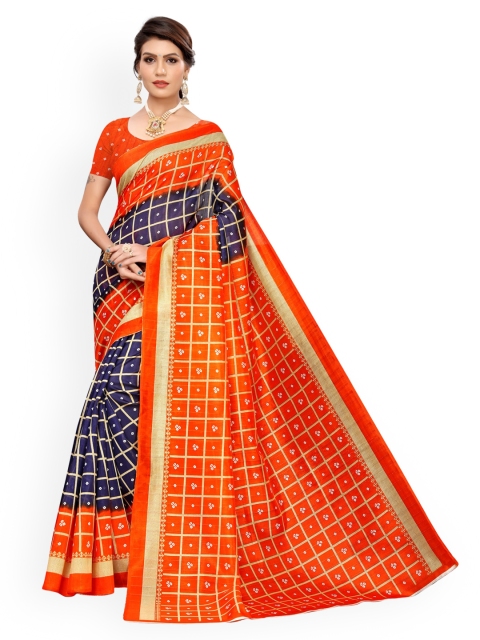 

KALINI Orange & Blue Poly Silk Printed Bandhani Saree