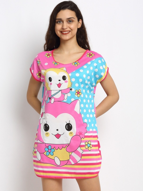 

NEUDIS Women Pink & Blue Cotton Printed Nightdress