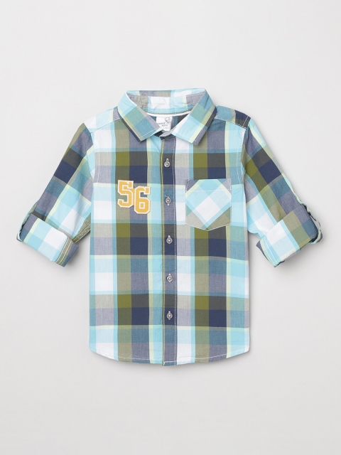 

max Boys Blue & Green Regular Fit Checked Casual Cotton Shirt