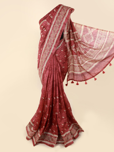 

Pothys Pink Printed Jute Cotton Saree With Tasseled Pallu