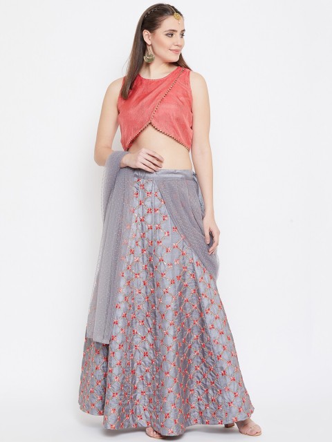 

studio rasa Grey & Peach-Coloured Solid Ready to Wear Lehenga & Blouse with Dupatta
