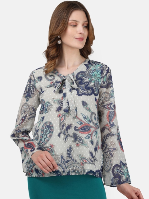 

Monte Carlo Off White & Blue Tie-Up Neck Regular Top