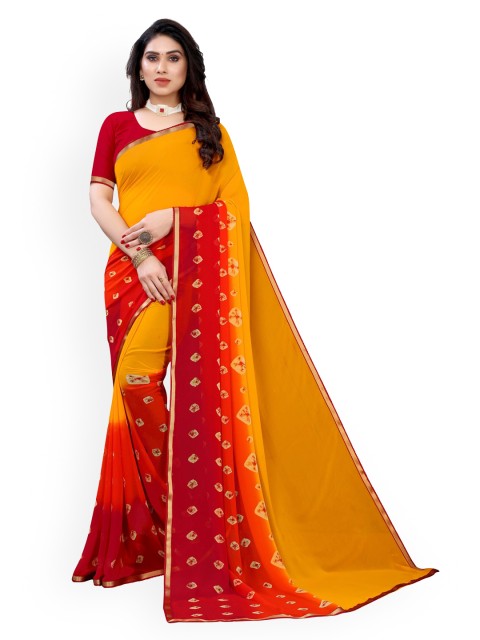 

KALINI Yellow & Red Pure Georgette Dyed Bandhani Saree