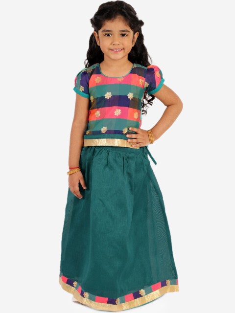 

KID1 Girls Green Weave Jacquard Pavda Pattu, Teal