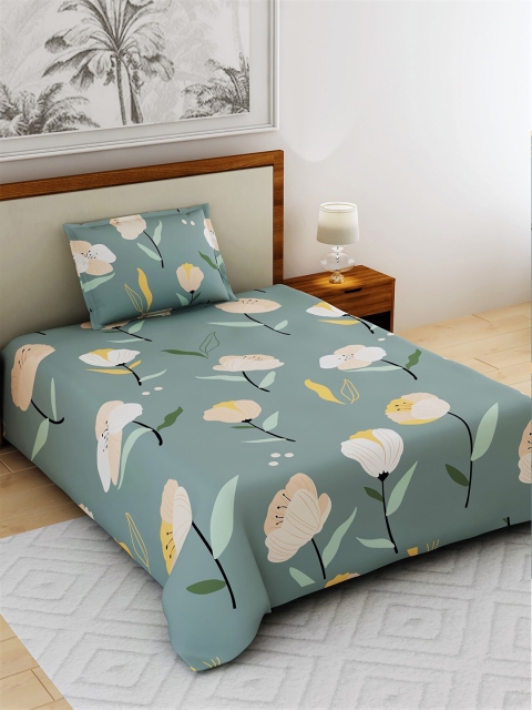 

Salona Bichona Green & White Floral 144 TC Polyester 1 Single Bedsheet with 1 Pillow Covers