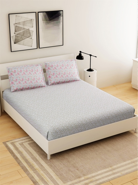 

Salona Bichona Grey & Pink Floral 144 TC Cotton 1 King Bedsheet with 2 Pillow Covers