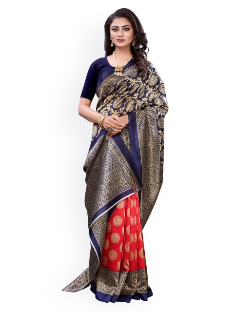 

KALINI Navy Blue & Red Poly Silk Printed Saree