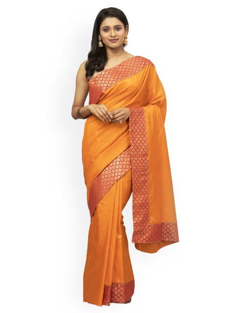 

KALINI Orange Striped Kanjeevaram Saree