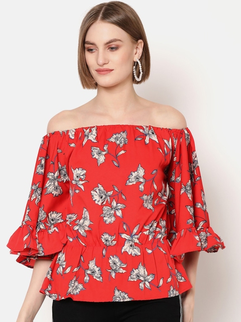 

V2 Value & Variety Red Floral Off-Shoulder Crepe Bardot Top