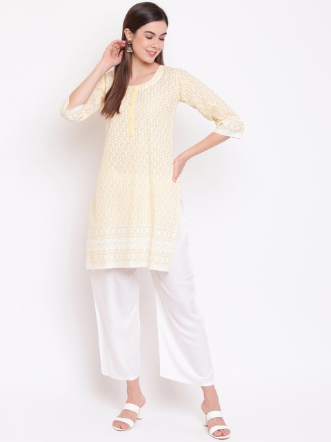 

Ashnaina Women Yellow Woven Design Kurta with Palazzos & Dupatta