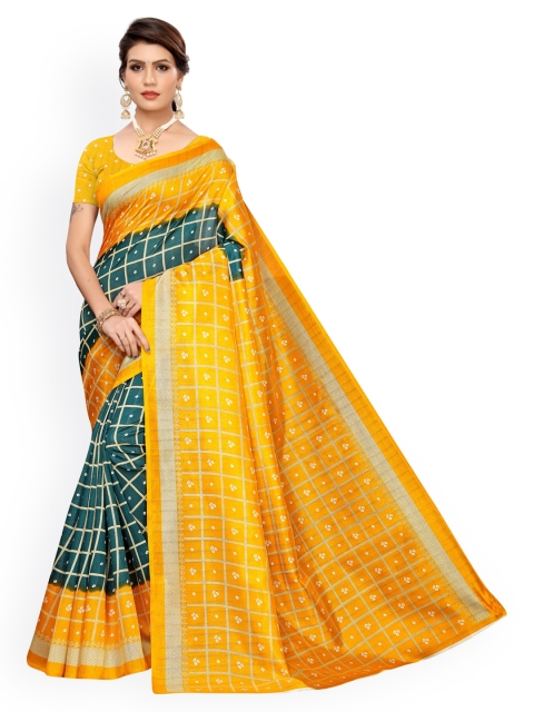 

KALINI Yellow & Teal Poly Silk Checked Bandhani Saree